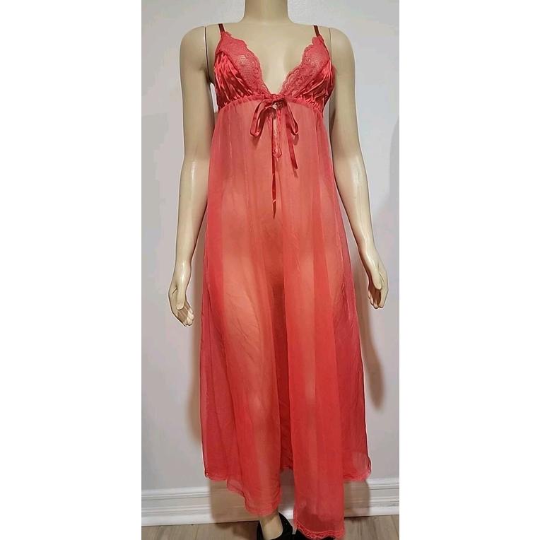 Pleasure Faire California Vintage Lace Trim Size S Red Peignoir Nightgown #6